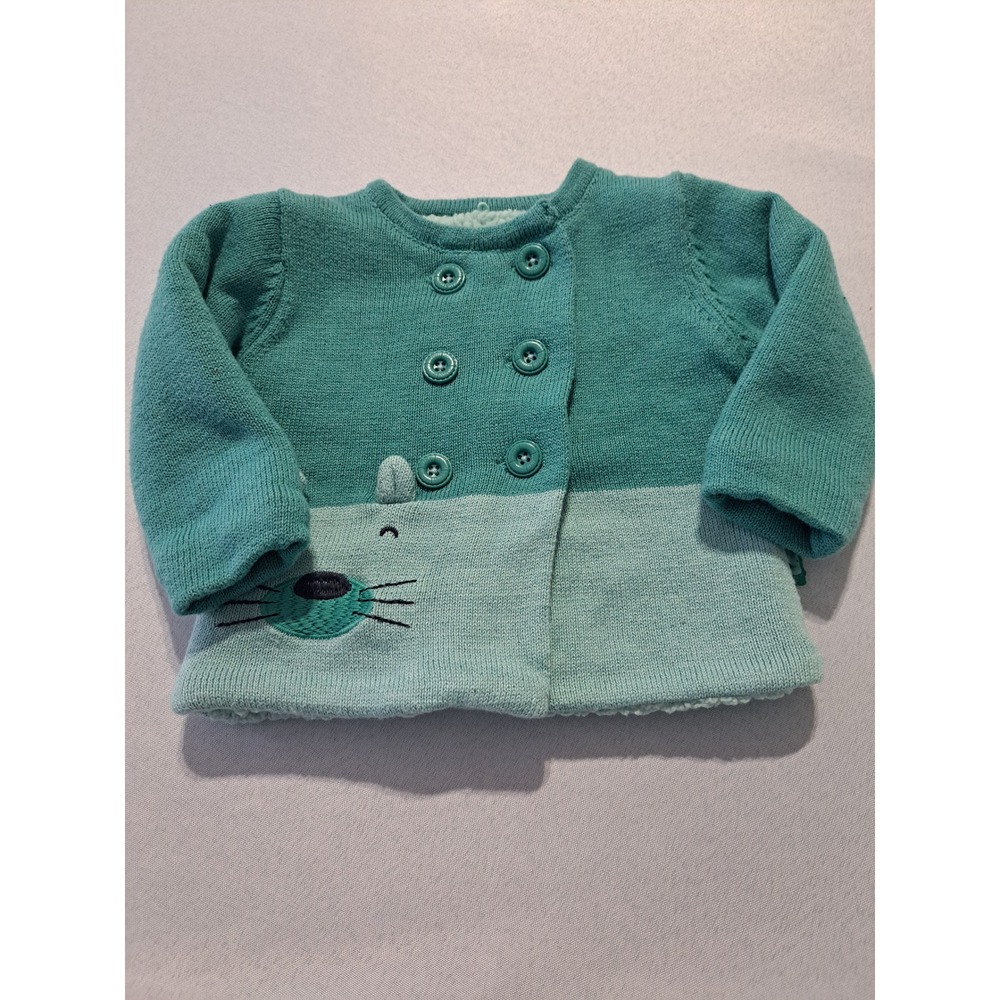 Boboli Baby Cardigan Teal Mint Green Animal Face Borg Lined Sweater 6M 68cm